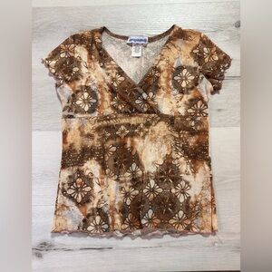 Y2K MissUnderstood V Neck Empire Mesh Brown Patterned Top, XL, fits like Medium